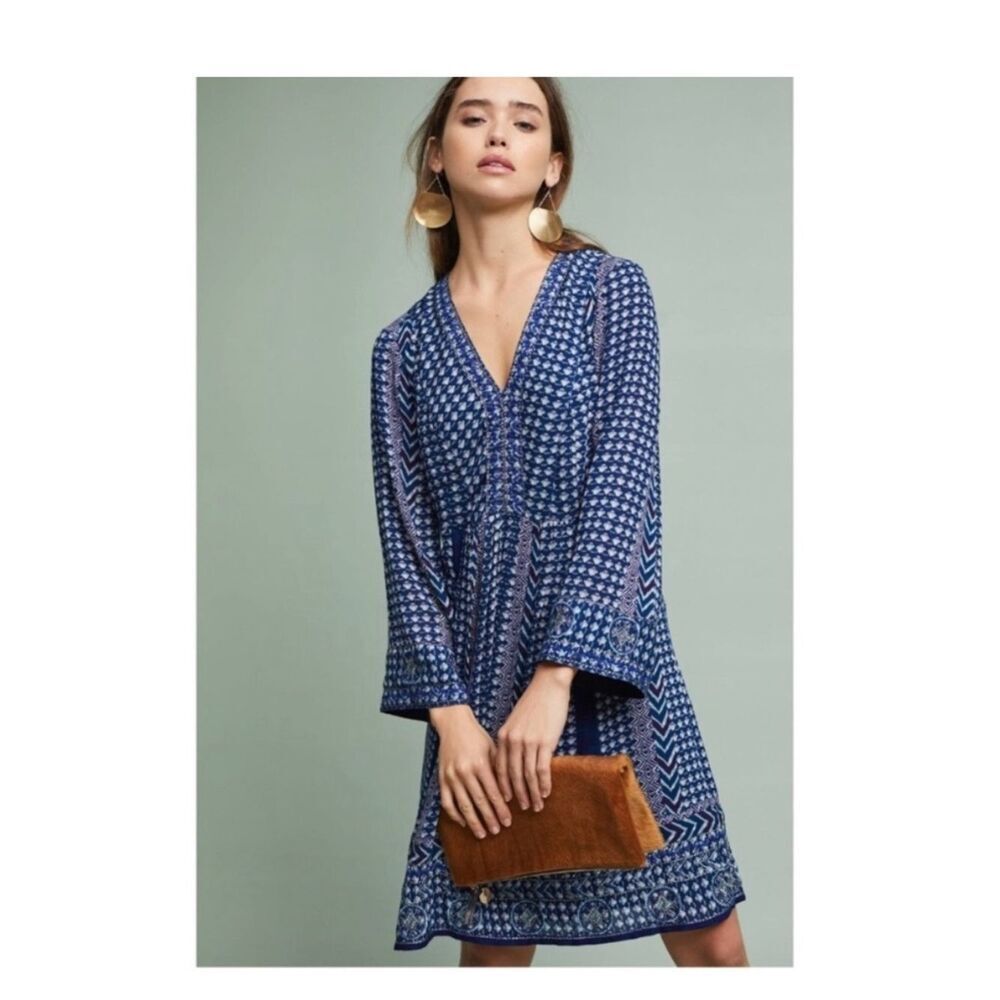 ANTHRO Akemi + Kin Boho Rozalin Embroidered Dress Blue and silver Size Small